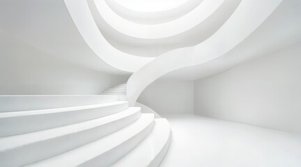 Obraz premium White abstract architectural interior, geometric arched and layered structures, matte smooth surfaces, curved planes, diffused soft lighting, minimal clean modern design, sharp angles, futuristic pers