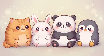 Fototapeta premium Adorable Cartoon Animals Sitting Together Pastel Background
