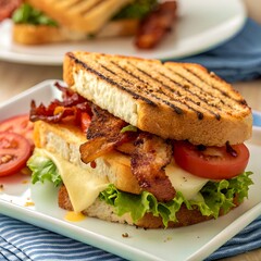 Tasty sandwich with bacon, cheese, tomato and lettuce on wooden board