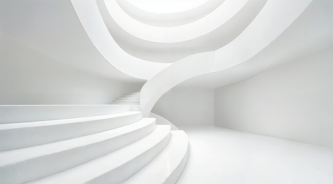 White abstract architectural interior, geometric arched and layered structures, matte smooth surfaces, curved planes, diffused soft lighting, minimal clean modern design, sharp angles, futuristic pers