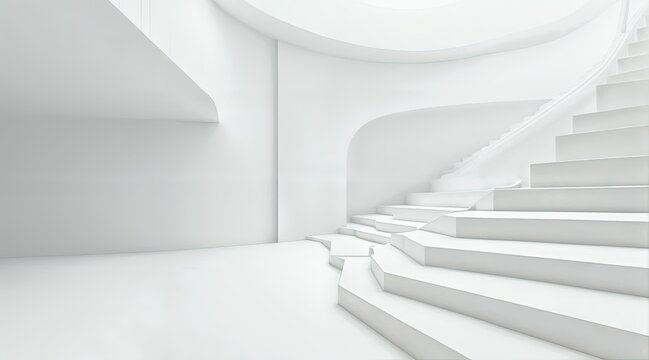 Minimalist abstract white interior with geometric arches, layered curved forms, matte smooth surfaces, soft ambient light, sharp angles, modern contemporary architecture, depth perspective, elegant de