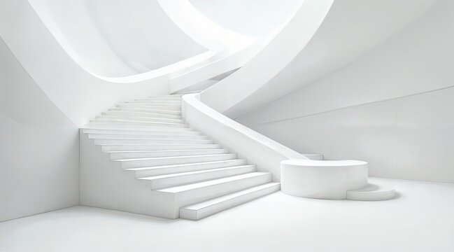 Abstract architectural interior, minimalist white space with geometric arched and layered forms, smooth matte surfaces, curved planes, soft diffused lighting, modern clean perspective, contemporary de