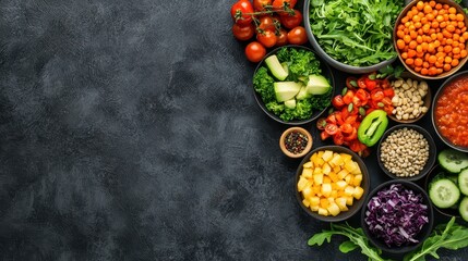 Assortment of diverse fresh vegetables and fruits including tomatoes peppers corn beans greens and herbs arranged on a dark background with ample copyspace for text or design overlay