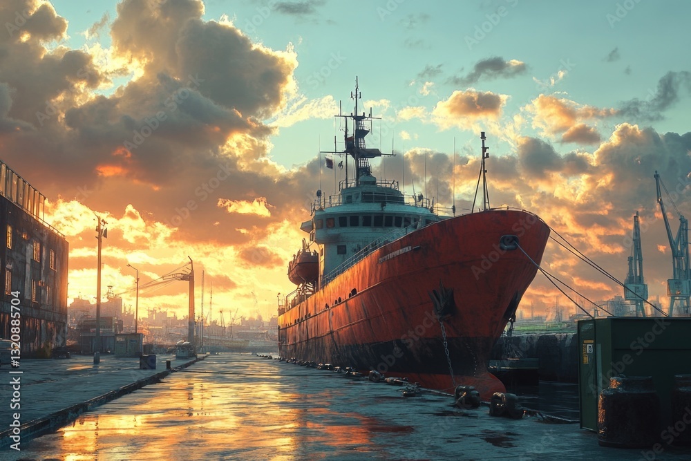 Aufkleber a large boat docks in a busy harbor with other vessels and seafront structures