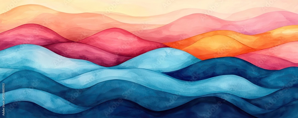 Poster Digital watercolor painting abstract background idea. A vibrant abstract artwork displaying colorful waves in shades of blue, pink, and orange.
