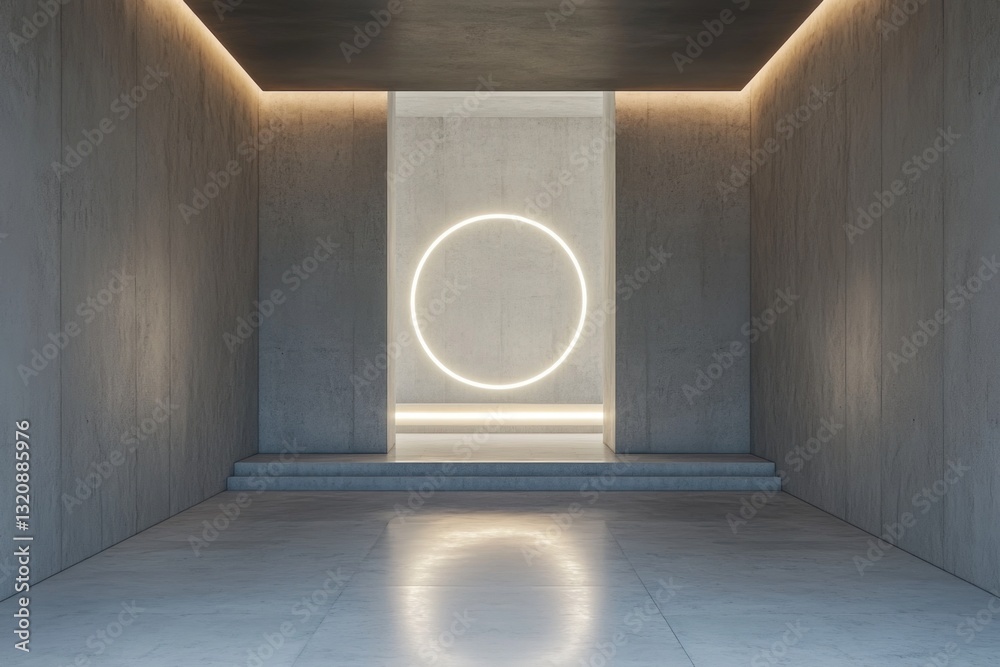 Poster A simple empty room with a single circular light source, ideal for representing a calm or minimalist space