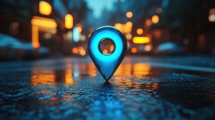 Glowing Location Pin on Wet City Street
