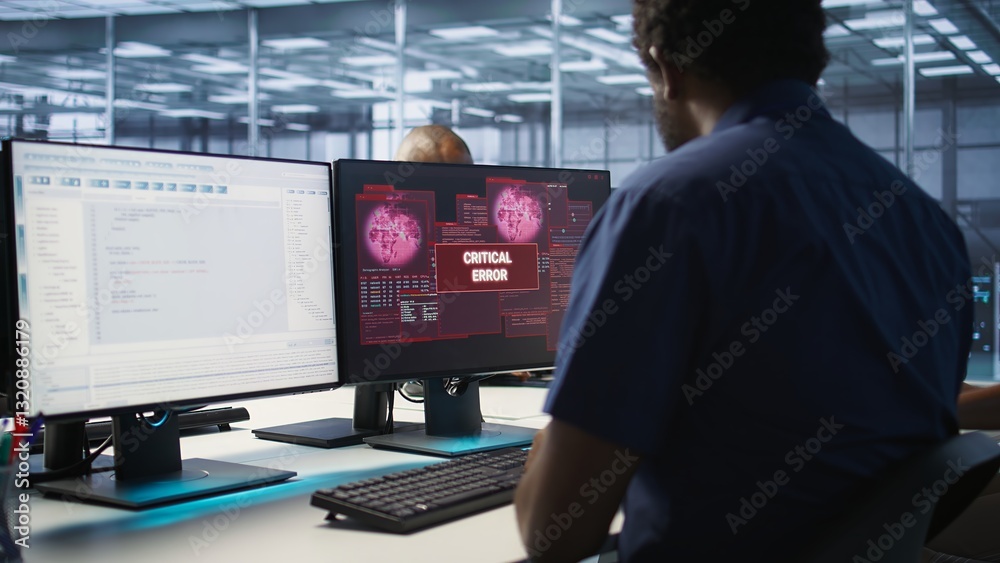 Poster cybersecurity division workers in server room protecting equipment from hacker stealing data. data c