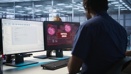 Fototapeta premium Cybersecurity division workers in server room protecting equipment from hacker stealing data. Data center IT specialists struggling to delete virus attacking company servers, doing brainstorming