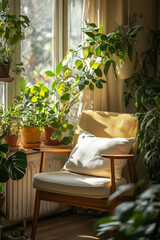 Fototapeta premium A cozy home corner with a wooden armchair, soft cushions, and lush green houseplants by a sunlit window. A perfect space for relaxation, reading, and enjoying a peaceful ambiance