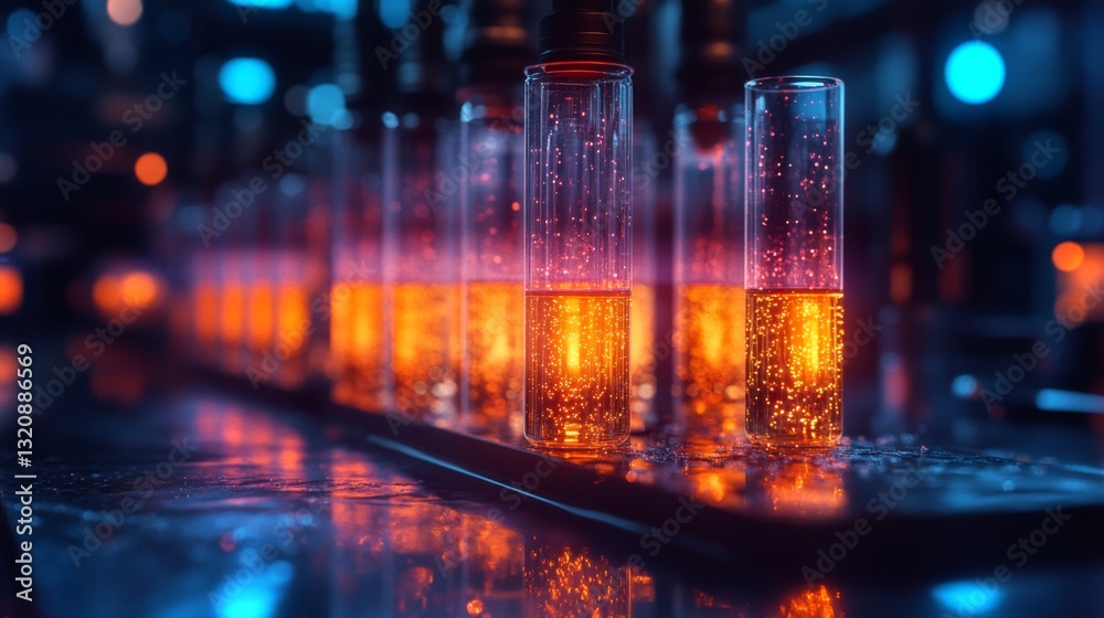 Aufkleber in a highly automated manufacturing facility, glowing test tubes filled with bright liquids are posi