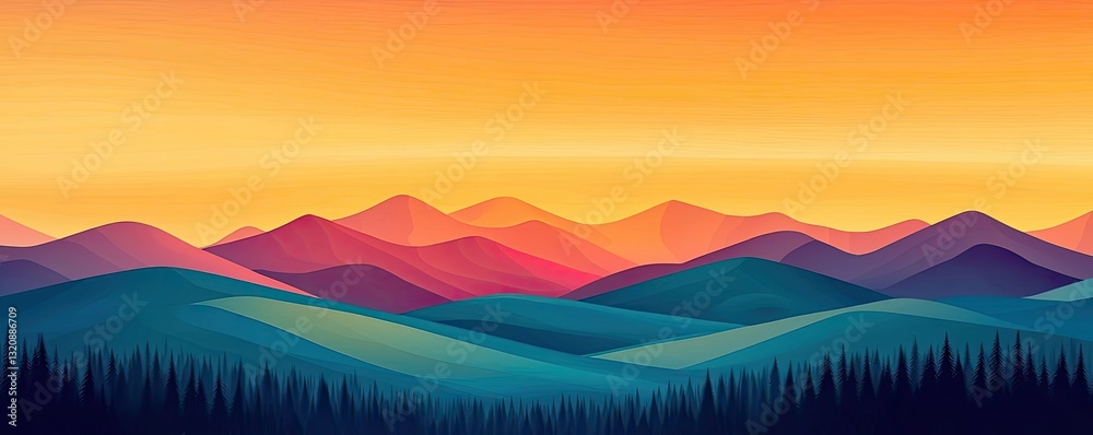 Poster abstract landscape background idea. a vibrant sunset over rolling hills with colorful gradients and 