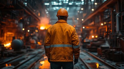 Obraz premium A worker in a bright orange jacket stands in a factory, watching the automated steel production process. The facility is warmly lit, showcasing the bustling manufacturing environment.