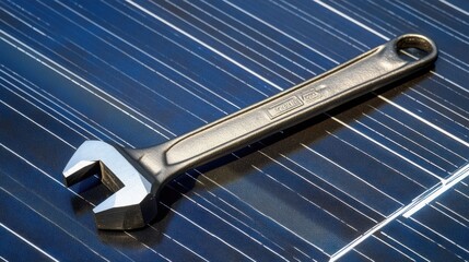 Adjusting solar panel installation using a wrench outdoor workshop tool photography bright environment close-up view