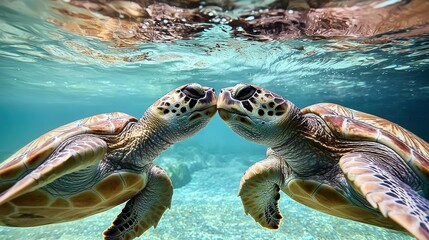 Fototapeta premium Underwater love two sea turtles interact in tropical waters marine life photography vibrant environment close-up view