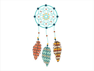 Colorful Dream catcher with Feather Ornaments on White Background. Concept of Native American Symbolism, Bohemian Decoration, Spiritual Protection, Ethnic Art, and Whimsical Design.