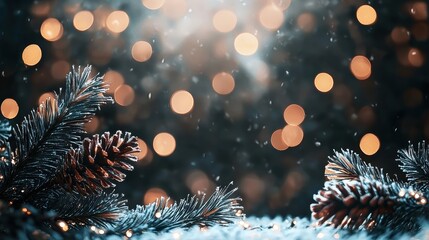 Winter wonderland snowy pinecones and bokeh lights cozy atmosphere nature close-up holiday spirit