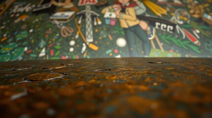 Naklejka premium A low-angle shot of a cast bronze surface with a random background illustration