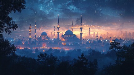 Majestic skyline of a historic city illuminated at dusk with silhouette of minarets and domes