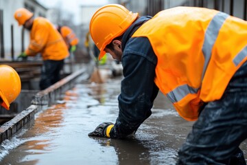 A focused construction worker is smoothing freshly poured concrete on a building site, embodying the precision and craftsmanship required for quality work.