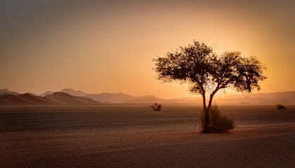 Fototapeta premium a lone tree standing tall and strong amid the vast arid desert landscape silhouetted against a hazy golden sky at the dawn or dusk this serene and minimalist scene evokes a sense of solitude