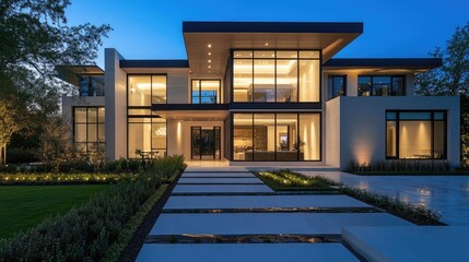 Modern two story luxury residence with illuminated exterior and landscape