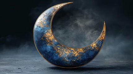 Mystical crescent moon sculpture displays intricate detailing and textures in a dramatic setting
