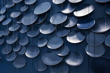 Serene Midnight Rain, A Mesmerizing Cascade Of Dark Blue Discs Hanging Delicately, Creating A Tranquil And Reflective Atmosphere