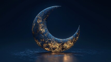 Illuminated crescent moon sculpture with intricate patterns, set against a dark background