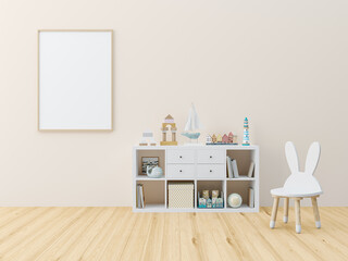 Frame mockup in home interior, ISO A paper size., Kids Room Interior Design, Scandi-Boho style. 3D render	
