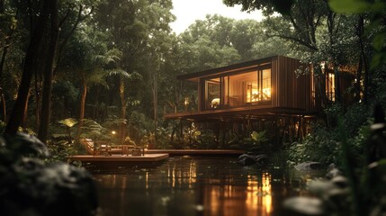 Fototapeta premium A modern forest cabin with warm interior lighting at dusk