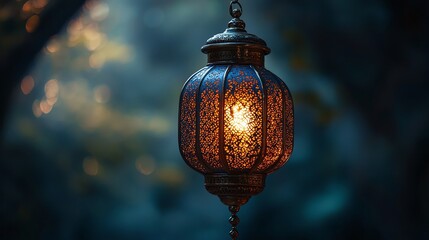 Lantern casting warm light in a serene outdoor setting during twilight hours