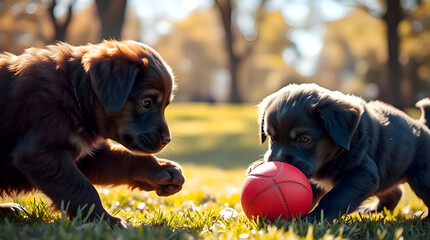 Two little puppies playing with red ball