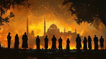 Silhouettes of worshippers in front of a glowing historical mosque at dusk