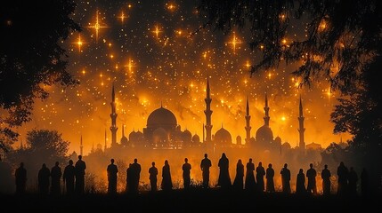 Spectacular night view of a mosque with bright stars and silhouettes during a gathering