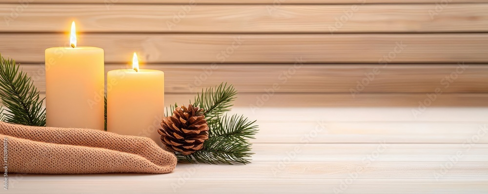 Poster minimalist graphic design abstract background concept. warm candles with pine cone create a cozy atm