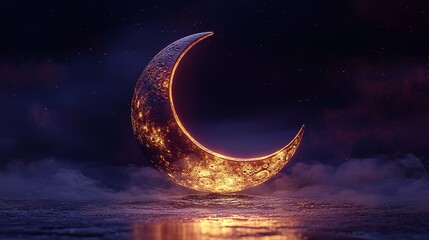 Mysterious crescent moon glowing over misty landscape under starry night sky