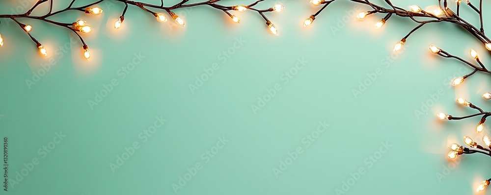 Poster Minimalist graphic design abstract background concept. Bright string lights illuminate a serene teal background for a cozy atmosphere.