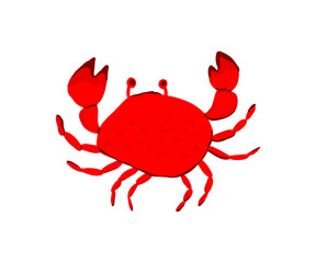 A bold red crab in flat style. Hand drawn illustration.