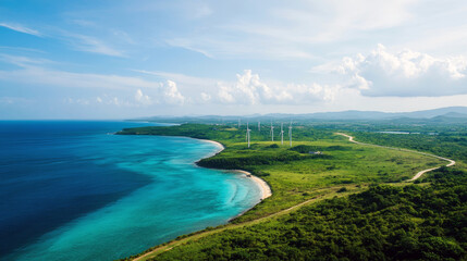 Breathtaking coastal landscape with wind turbines and lush greenery