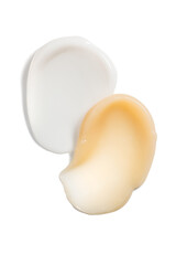 Cosmetic beauty care set. White and beige yellow orange swatches of cream, balm, mask, isolated on white