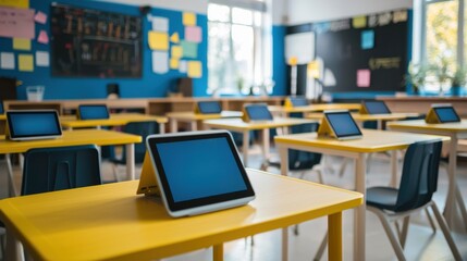 A modern classroom featuring yellow desks with tablets, bright walls, and a warm atmosphere, ready for learning.