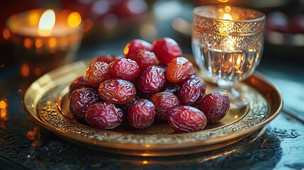 Sweet dates served on a decorative tray with a sparkling glass beside glowing candles in a warm setting