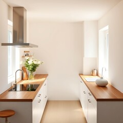 empty wooden table in the kitchen, wooden with the bright white interior minimal of the kitchen. modern minimalist kitchen design

