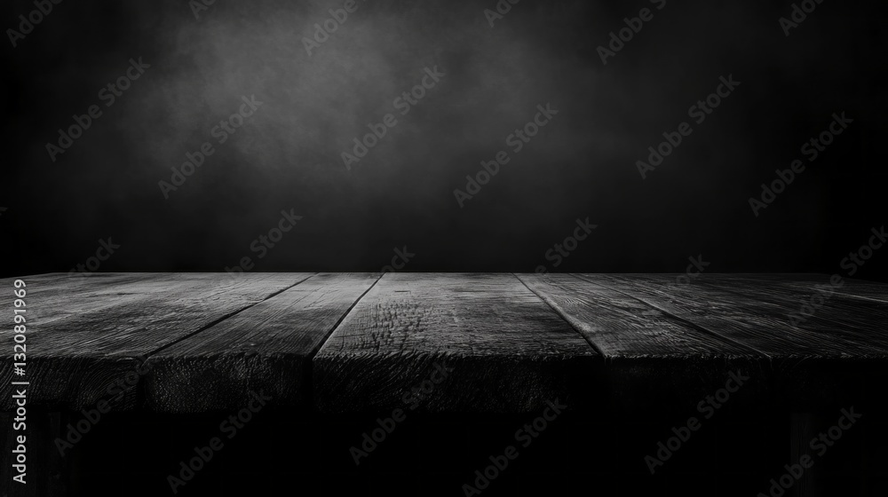 Poster A rustic wooden table emerges from shadows, its textured surface catching soft light in a dimly lit space, offering a perfect backdrop for artistic presentations or displays