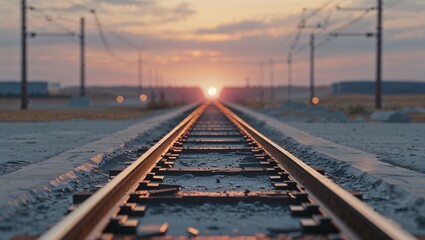 Fototapeta premium Railway tracks against a sunset, symbolizing journey and industrial progress