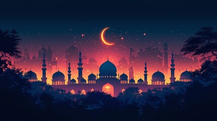 Minimalist mosque dome illuminated by a glowing crescent moon against a twilight sky