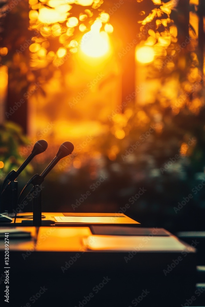 Poster two microphones placed on a table in front of a beautiful sunset