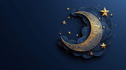 Modern vector design of a crescent moon accented with stars against a deep blue background