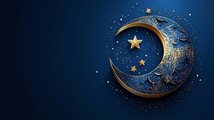 Vibrant modern vector illustration of crescent moon adorned with ornate stars against a deep blue backdrop